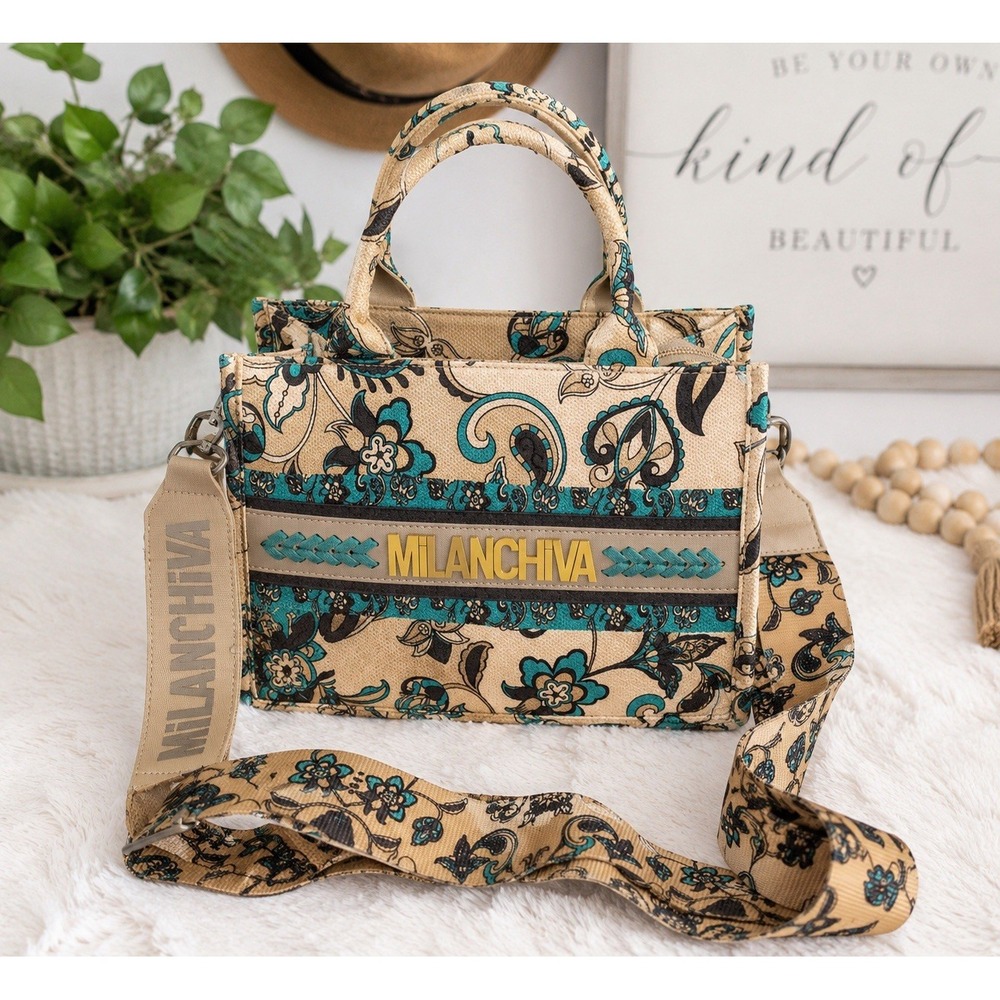 MiLANCHIVA Floral Canvas Satchel Crossbody Bag Beige Teal Paisley Handle Purse